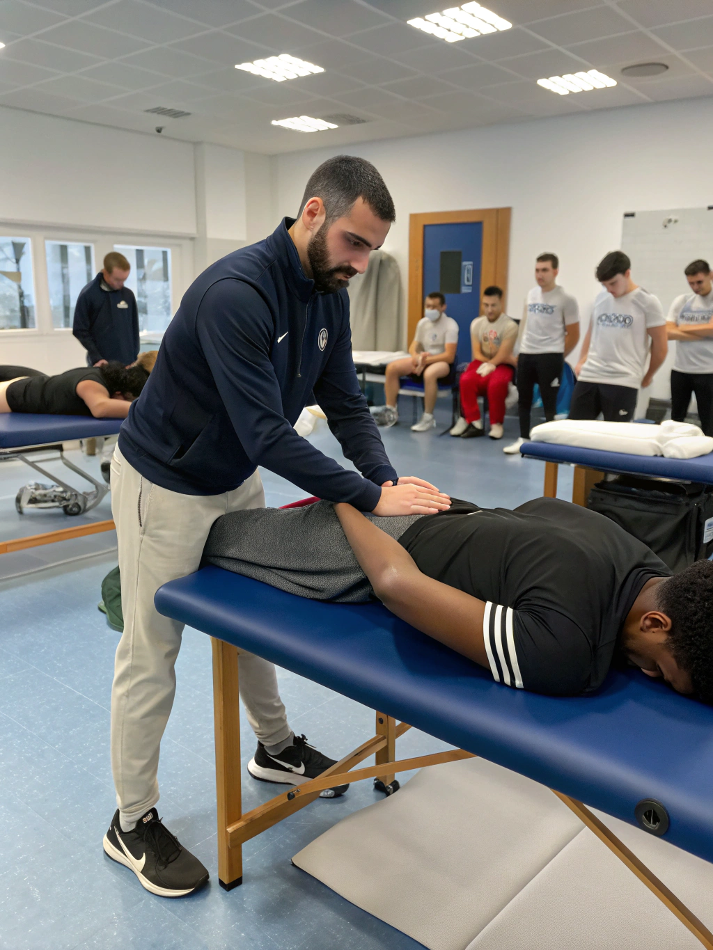 Instructor demonstrating precise massage technique on a student