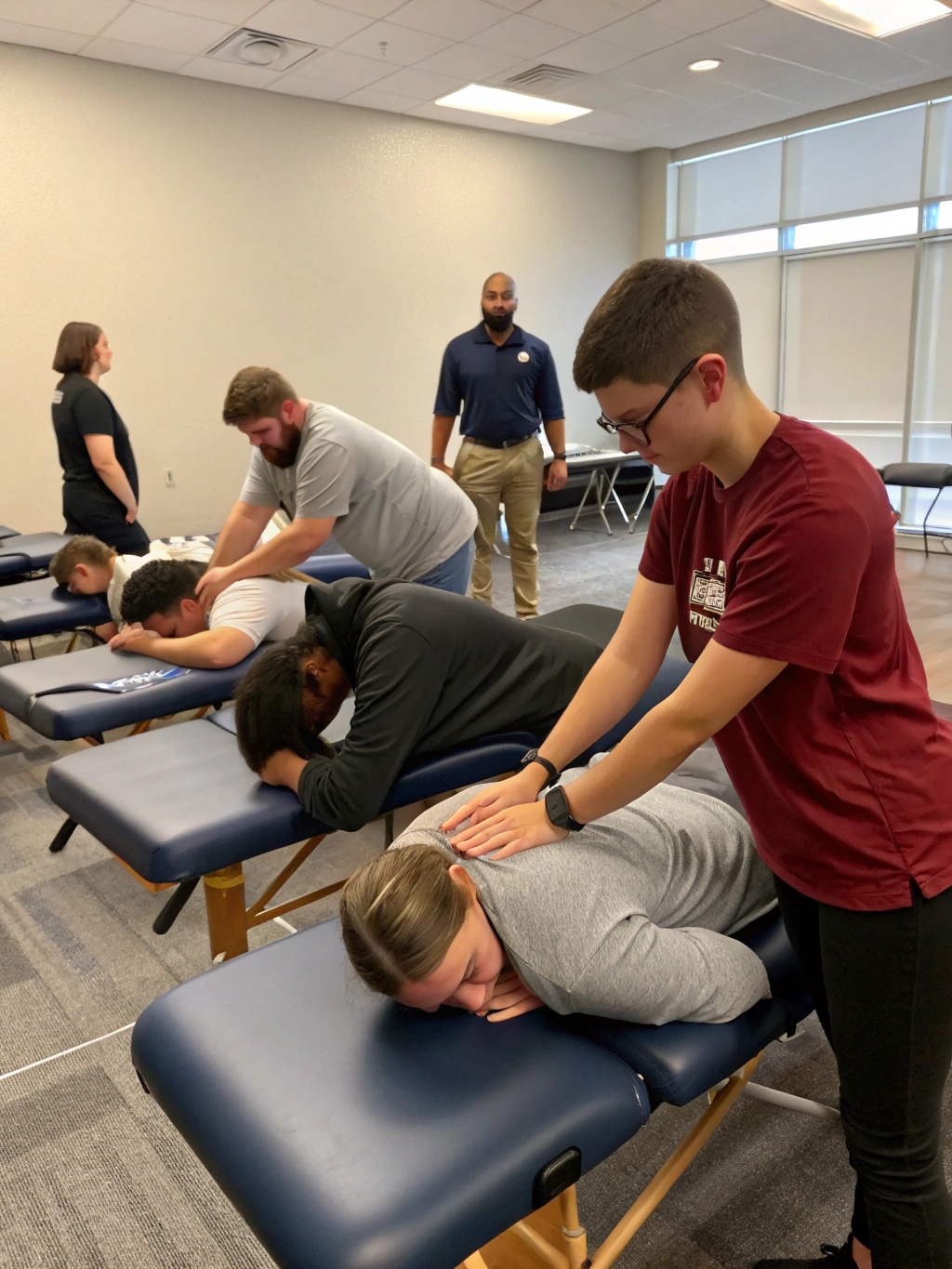 Students practicing massage techniques in a classroom